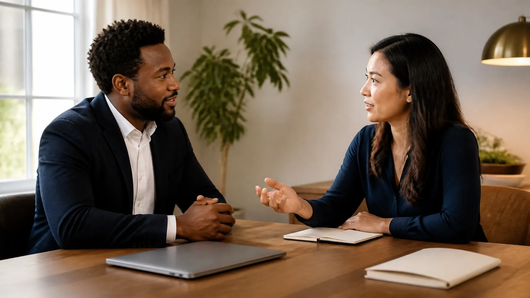 Two Professionals Collaborating in a Coaching Conversation at a Meeting Table