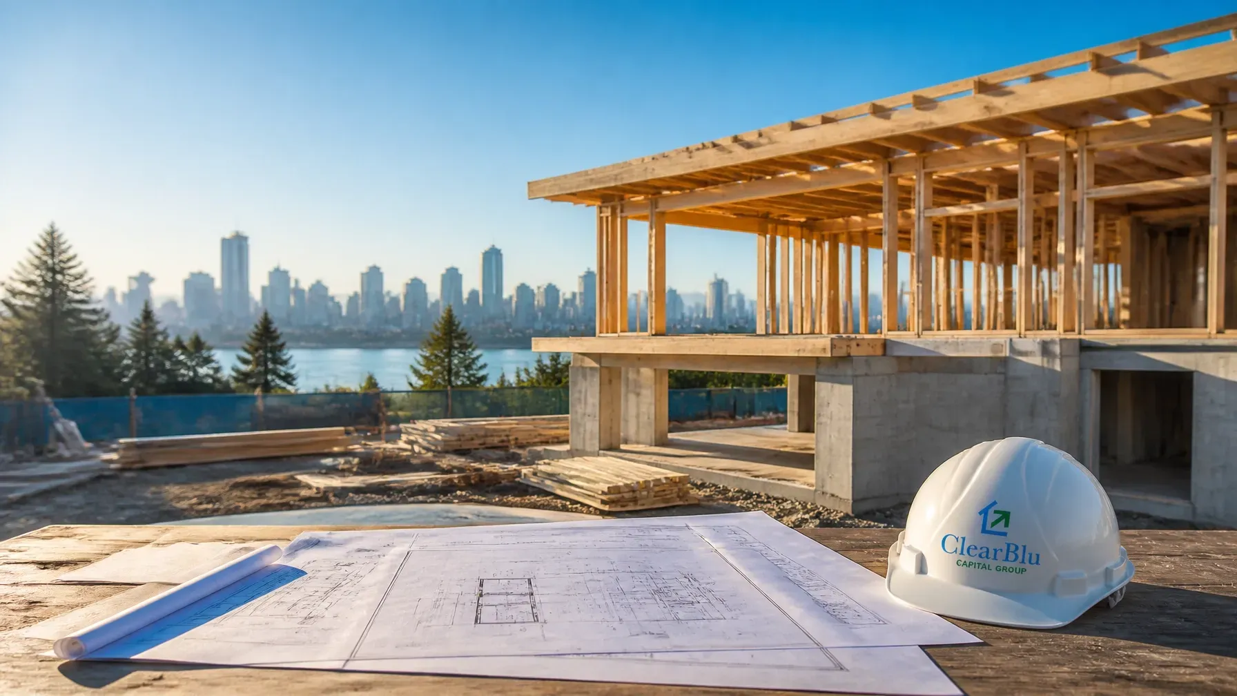 A Modern Home Under Construction Overlooking the Water at Sunset