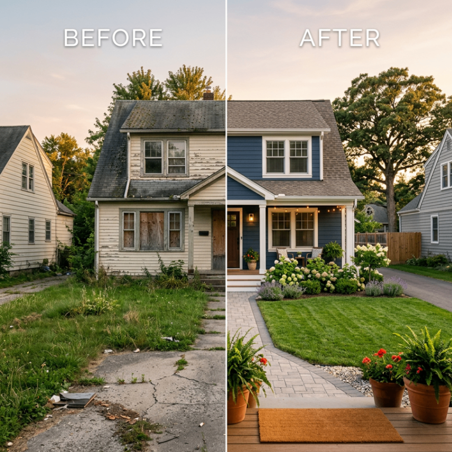 Before-and-After Renovation of a Two-Story Home, Labeled BEFORE and AFTER